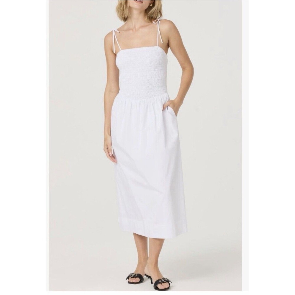 ASTR The Label White Smocked Midi Dress Tie Strap Cotton Poplin Size S NWOT
